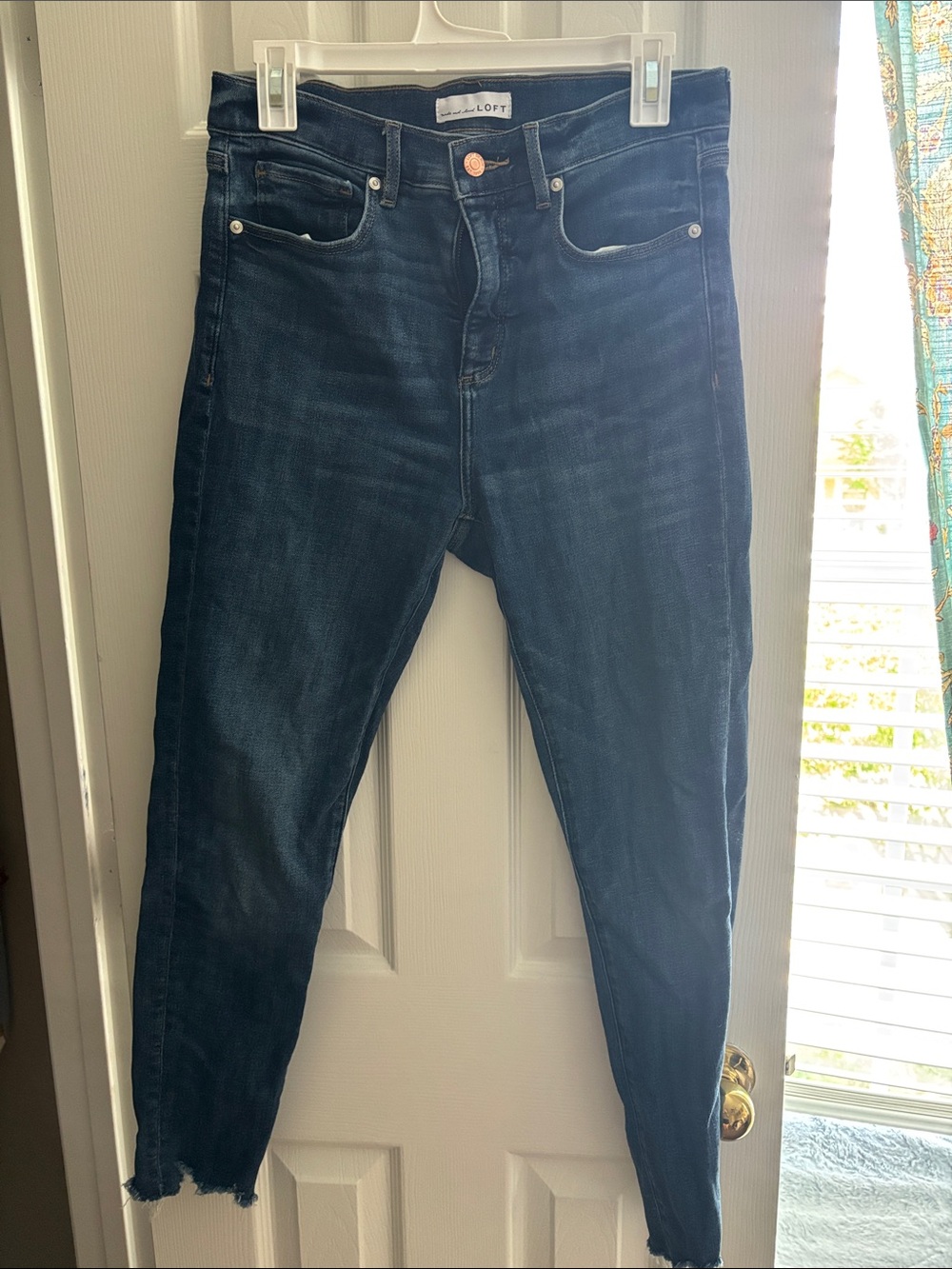 LOFT Dark Blue Skinny Jeans with Raw Hem